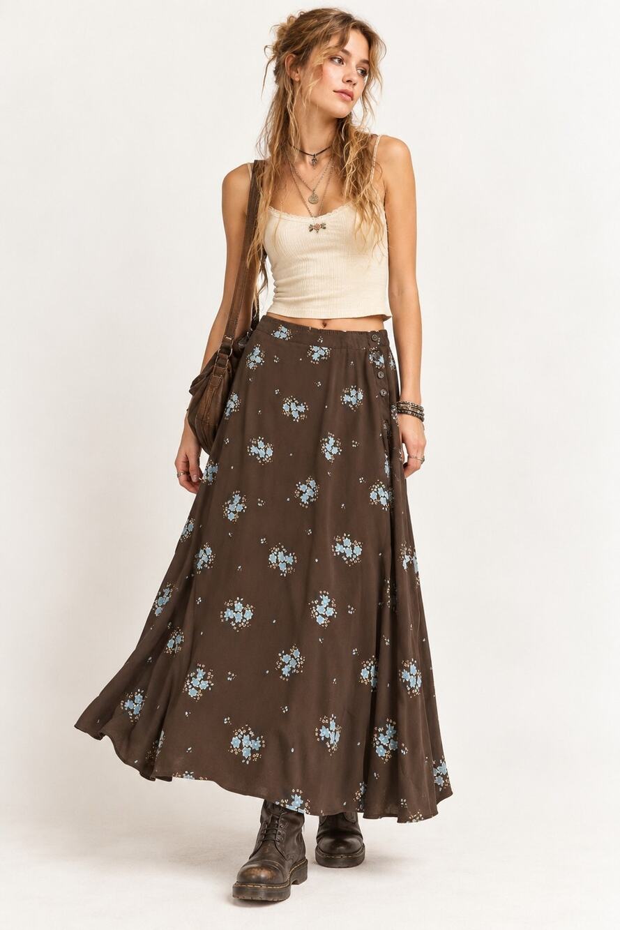 Vtg Y2K Sag Harbor Maxi Skirt XL Brown Blue Floral Button Front Whimsy Grunge